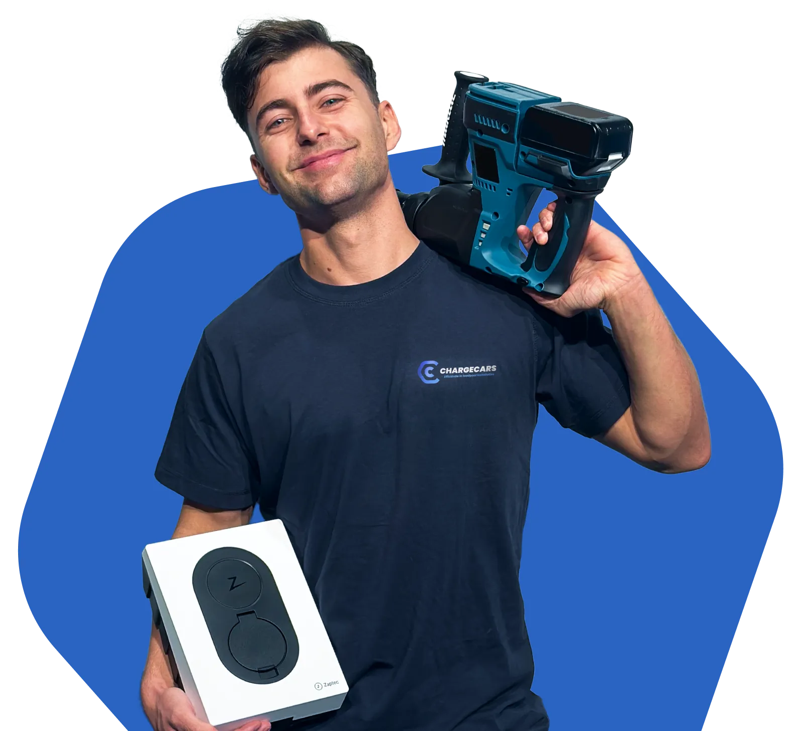 ChargeCars monteur met laadpaal, homepage hero
